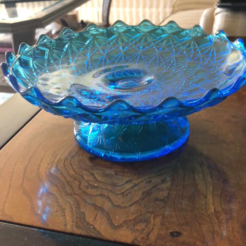 Mid-century glass, blue blue footed pedestal open candy dish bowl